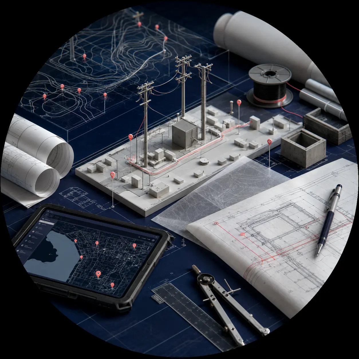 Telecom infrastructure model, GIS planning map, utility poles, fiber spool, and engineering drawings