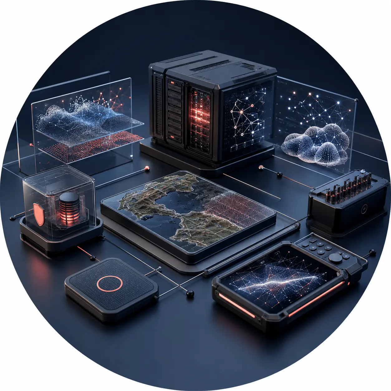 Specialized server, geospatial data model, secure cloud system, testing hardware, and applied data visualizations
